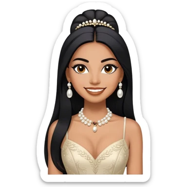 beautiful fit tall woman, with long straight black hair, with make up, black eye liner, smile mooth close, mexican, brown skin, wearing beautiful couture outfit and discret pearl  sticker