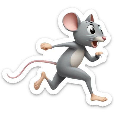 a grey mouse running flatout forward on a treadmil with sweat pouring off of his forehead.  sticker