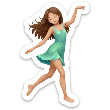 Girl with long brown hair dancing barefoot in the rain with closed eyes spring colors cartoon style elegant romantic love life  sticker