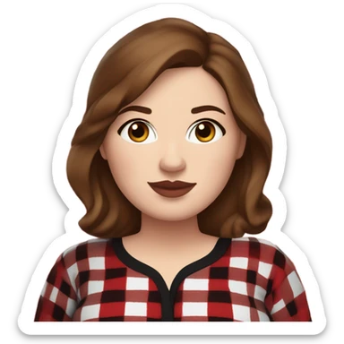 Plus size woman with brown hair and brown eyes wearing red and black buffalo plaid pjs. White skin. sticker