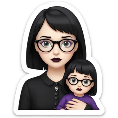 white woman with medium length black hair and baby bangs, glasses, with goth makeup and clothing  sticker