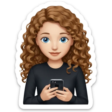generate a pretty woman with blue eyes, light skin and medium brown long wavy almost curly shiny hair holding a phone she is looking at the phone while looking down at the screen. she is wearing an ALL black long sleeve. she is smiling sticker
