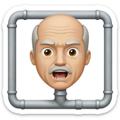 50 year old white male with an open mouth. No moustache—over his mouth is a square frame made of concrete connected to a drain pipe. He is proud and thinks his right, while being slightly angry because the joke is on him. sticker