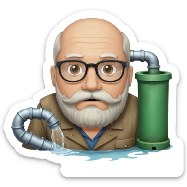 50 year old bearded and moustached white male wearing glasses. His mouth has been cast into a frame made of concrete and out of his mouth is flowing sewer water connected to a drain pipe. He is proud and thinks his right, while being slightly angry because the joke is on him. sticker