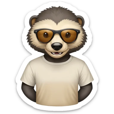 friendly anthropomorphised honey badger head and neck wearing sunglasses, top of t-shirt visible sticker