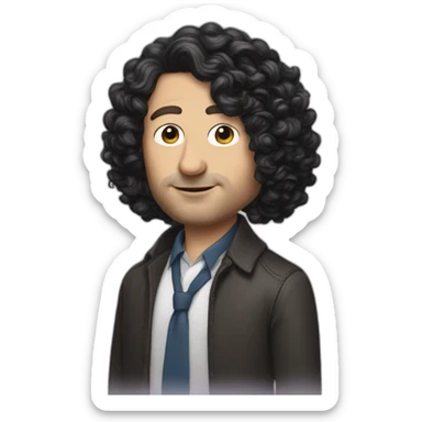 tim robinson with shoulder length curly black hair, wide triangular shape sticker