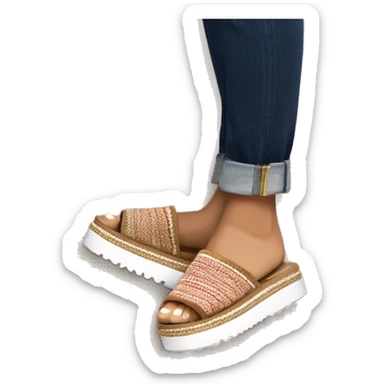 Camel color, very chunky platform, slip-on UGG slippers. Very thin red and white woven zig-zag trim line detail on the cuff sticker