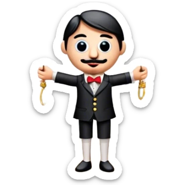 Icon for Puppet Theater: a puppet on strings with theatrical curtains in the background, along with a small stage and dramatic lighting. The icon should represent the whimsical and artistic nature of puppet performance. Transparent background. sticker