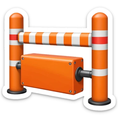 Flat emoji-style icon of a boom barrier.
Orange control box.
Red and white striped barrier arm coming out of the box.
Box is solid orange only, arm is red-white only.
NOT gates, NOT fence, NOT fully red-white barrier. sticker