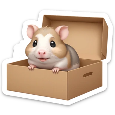  A very cute gery young happy Dutch pig hamster with one's head tilted to one side poked its paws out of the cardboard big box and placed them on top of it sticker