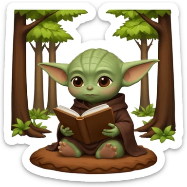 Baby Yoda con su tunica chocolate leyendo en un bosque sticker