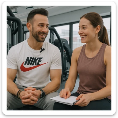 Personal trainer in a gym, inspired by the person in the reference photo, discussing a workout plan with a smiling client, in a positive atmosphere. sticker