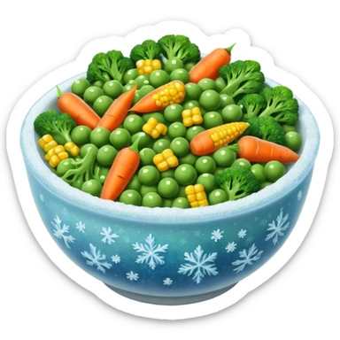 A close-up of a bowl filled with frozen mixed vegetables — peas, carrots, corn, and broccoli — covered with a light layer of frost. The colors are bright but slightly muted from freezing. Natural lighting, high-detail macro food photo. sticker