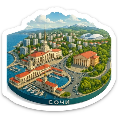 Изометричная, яркая, детализированная и фотореалистичная иллюстрация панорамы города Cочи на круглой подставке в стиле 3D-коллажей городов, здание Морского Порта, Зимний театр, стадион Фишт, море чёткие линии, слегка мультяшная стилистика, прозрачный фон, не обрезать края картинки sticker