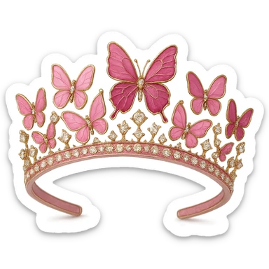 butterfly crown with a pink base, butterflies in different pink tones with enamel finish, sparkling gems, transparent background sticker