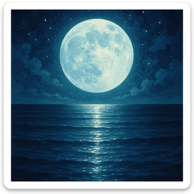 large moon casting light on still sea, magical night atmosphere, shimmering reflections, general illustration style sticker