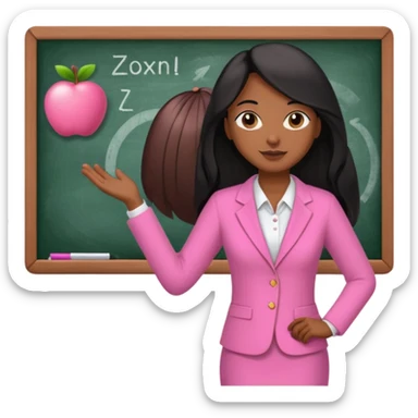 a brown skin teacher with hair with black straight long hair wearing pink not hot pink 2 piece set teaching up on a board sticker