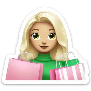 cute platinum blonde with green eyes surrounded by pink shopping bags sticker