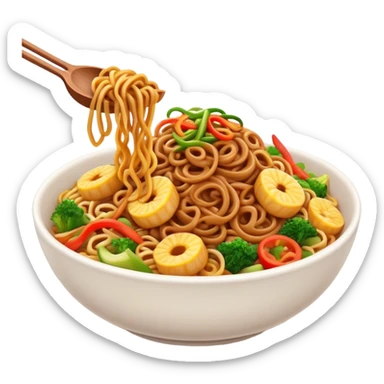 Cinematic Realistic Mie Goreng Dish Emoji, featuring stir‚Äêfried noodles with vegetables and meat rendered with dynamic textures and warm, appetizing lighting. sticker