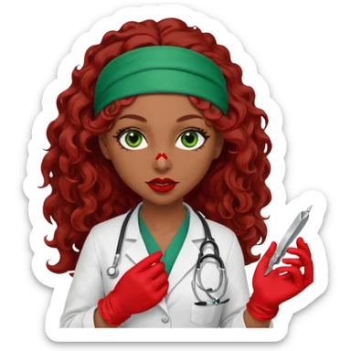 Lilith scalpel in hand, evil surgeon sexy surgeon clothes.  She has green  eyes. She brown long curly hair. Wears sexy doctor outfit with red gloves.hair is free and brown  Wears red bandana to hide  her mouth and nose sticker