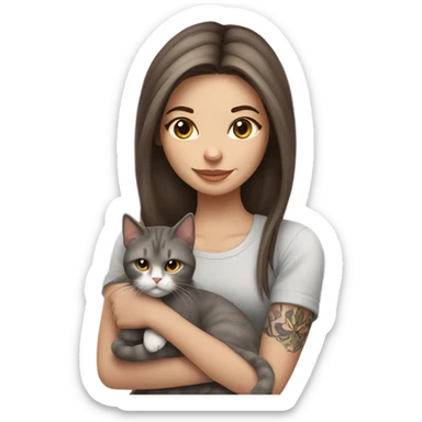 Beautiful brown haired tattooed woman holding gray and white long hair cat sticker