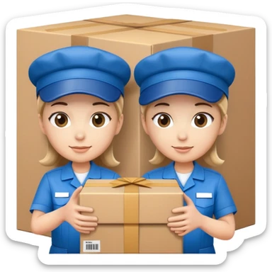 two suppliers in blue work uniforms wearing hat-style caps holding a big box together sticker