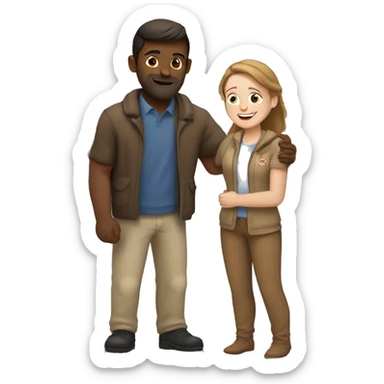  White woman with brown hair hugs Indian man with light brown skin at the airport  sticker