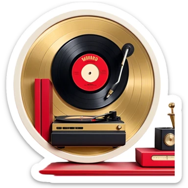Icon for Vinyl Record Collecting: large black, golden and red vinyl records in decorative packaging featuring artist images, neatly arranged on a wall or shelf, modern vinyl record player. The icon should reflect the aesthetic and artistic aspect of collecting vinyl records. Transparent background. sticker