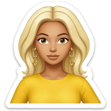 Beyonce brown eyes, long platinum blonde hair, yellow outfit with earrings sticker