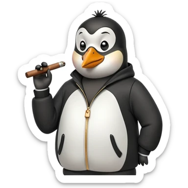 friendly anthropomorphised penguin wearing a mafia-style tracksuit, holding a cigar, secretive scheming pose, soprano vibe sticker