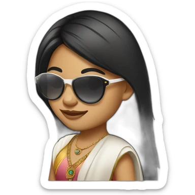 Cute white smiling long black straight hair indian girl wearing round sunglasses sticker
