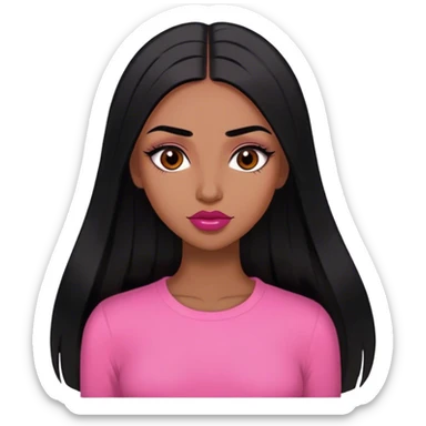 Woman,Medium brown skin,super long black straight hair, medium brown arched eyebrows, full lashes, red nude lips , pink shirt sticker