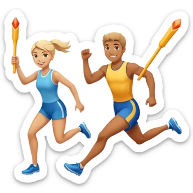 Show two smiling team members passing of bright baton in a relay race. One male to 1 female. sticker