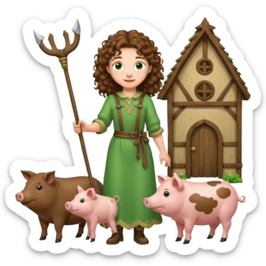 happy young shepard, long curly brown hair, in green magical outfit, with wooden shepard stick in hand, taking care of pigs sticker