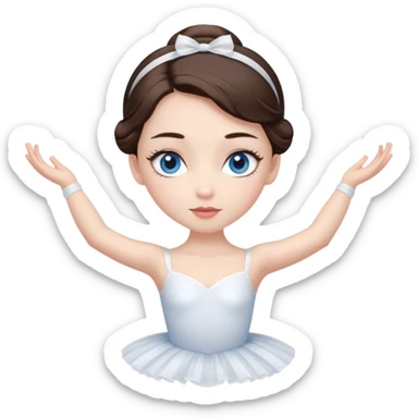 Realistic Ballerina Portrait, with porcelain-like skin featuring a natural rosy flush, illuminated by soft lighting that highlights the gentle contours of her face. Her Brunette hair flows in soft, Her deep blue eyes radiate warmth and innocence, framed by arched brows and long lashes. sticker
