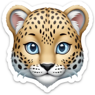 Cinematic-Noble-Snow-baby Leopard-Portrait-Emoji – Poised and majestic, with a muscular, agile build and a beautifully patterned coat of soft white and grey fur, marked with striking, deep-set, intelligent icy blue eyes, simplified yet sharp and sophisticated zoomed out showing the shoulders sticker