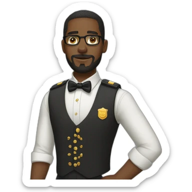black soldier with beard, part in hair, white collared shirt, bow tie, gold glasses, bulletproof vest  sticker