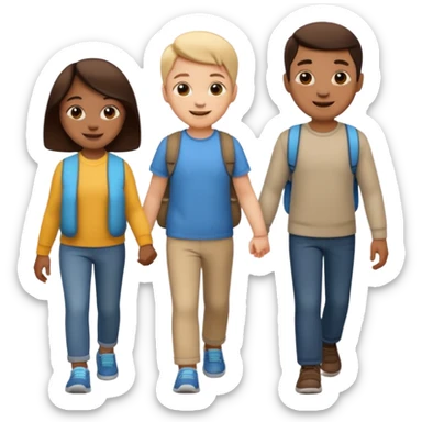 iOS emoji style. 2 friends and a child walking and talking.  sticker