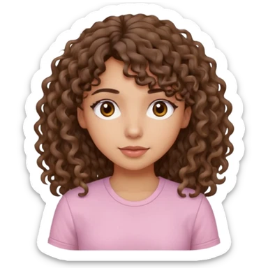 A Latina girl with brown eyes and long loose curly hair with curly bangs with a light pink shirt sticker