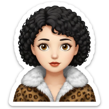 A woman with short curly black hair, brown eyes, white skin and wearing a fur coat sticker