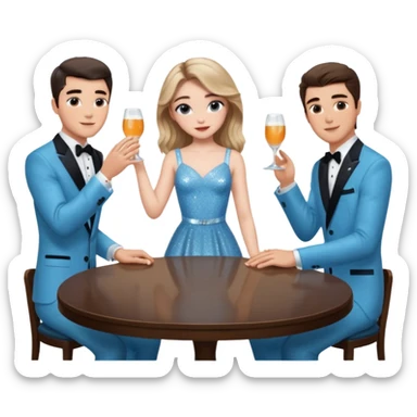 Sabrina’s carpenter in a light blue sparkly dress at a table with 3 handsome men facing each other and she is standing up putting her hand out. There are drinks on the table  sticker