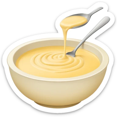 white bowl of pale yellow sauce, matte, simple, clear sticker