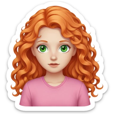 white pale girl with long curly orange hair, green eyes, pink shirt sticker