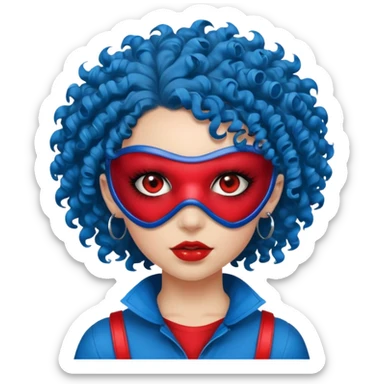 blue curly haired girl with huge earrings, wearing red paintball eye mask , only face  sticker