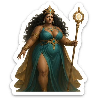 a magical goddess queen, voluptuous, with a staff and ornate jewelry, powerful and graceful sticker