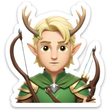 clash-of-clans-aesthetic-blond-male elf-archer-portrait-emoji, rendered in a flat, vector-style with minimal shading and bold holding his bow, simplified shapes, head tilted slightly forward with a determined, focused expression, riding a majestic stag whose antlers glow with mystical energy, set against an ancient, enchanted forest backdrop. sticker