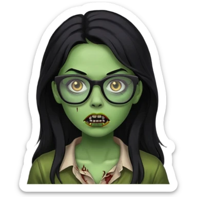 crie um emoji de zumbi feminino, com pele verde, óculos preto e cabelo longo preto sticker