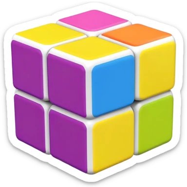 A 3x3 Rubik's Cube with candy-colored bright scheme: bubblegum pink, lemon yellow, bright blue raspberry, lime green, grape purple, tangerine orange, minimalist iOS emoji style sticker