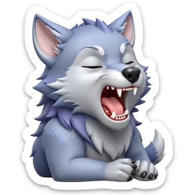 Cinematic Cute Yawning Werewolf Portrait Emoji, with a cuddly, miniature lupine form in soft moonlit grays and silvers, head leaning back in a big, adorable yawn that reveals a few fuzzy teeth, simplified yet irresistibly charming, highly detailed with a soft glowing outline that captures the drowsy, playful essence of a werewolf mid-nap! sticker