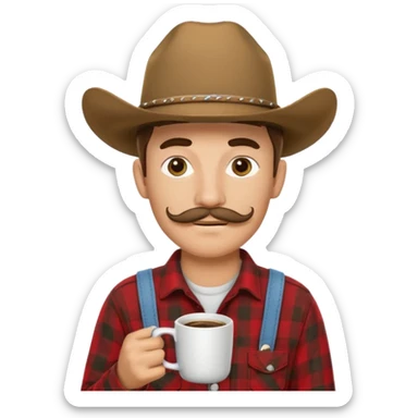 generate an ios genmoji of a 20 year old tan boy with a cowboy hat and horseshoe mustche. Wearing a flannel and carrying a coffee mug sticker